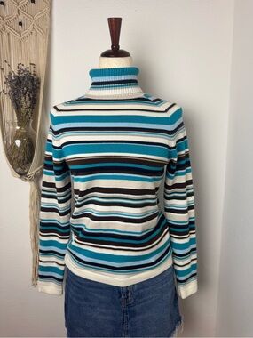 Relativity Striped Turtleneck Sweater in Teal, Cream, Black and Brown